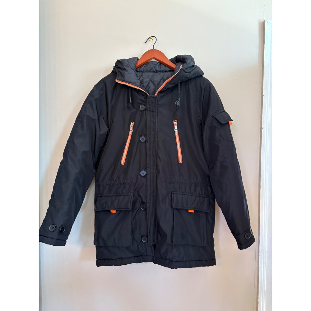 Mens Black‎ Hooded Parka Jacket Orange Zip Detail Utility Pockets, Size Medium